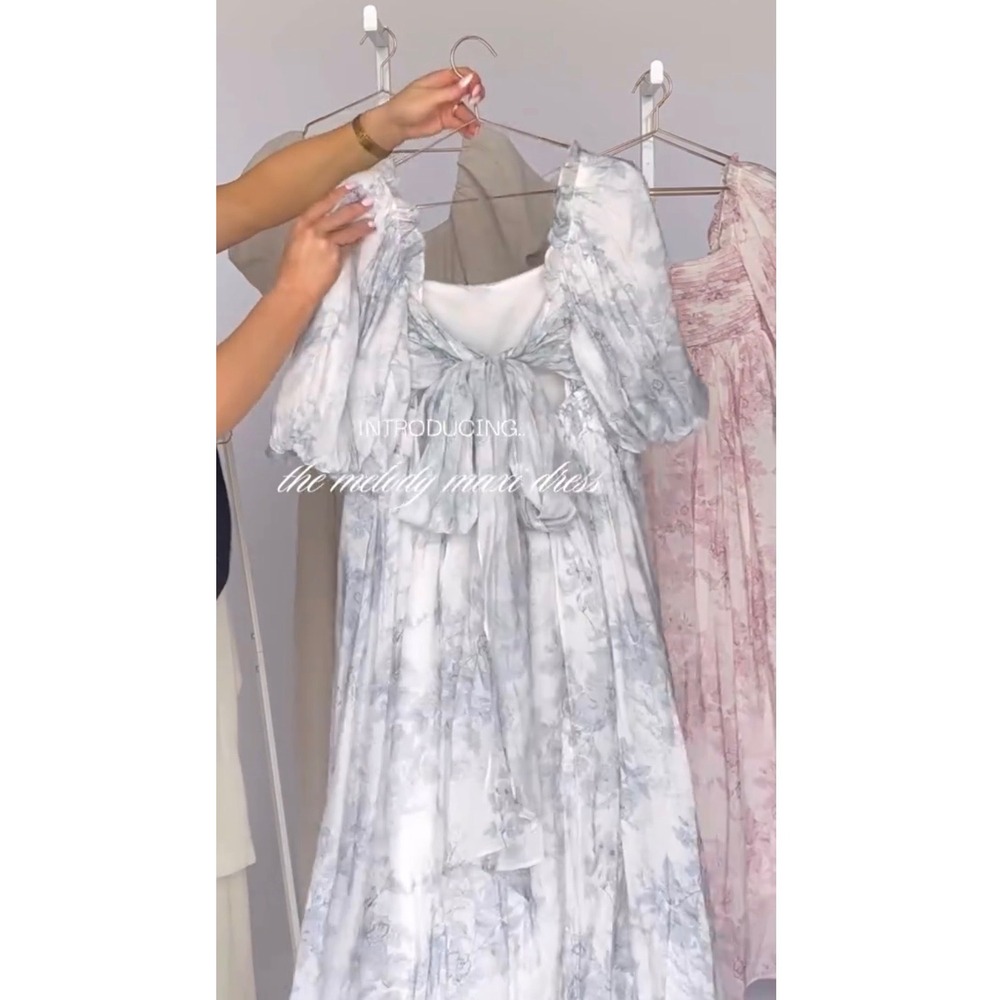 Worth Collective Melody Maxi Dress Blue Floral Puff Sleeve Tie Back Size L - Picture 2 of 15